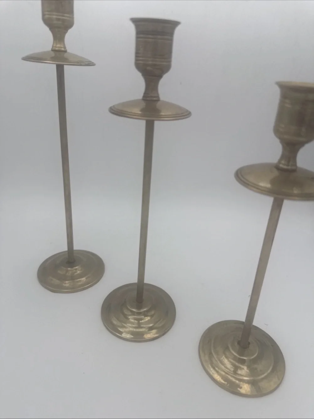3 VTG Brass graduated MCM Taper Candle Holders Patina 10”, 9”, 8” minimalist